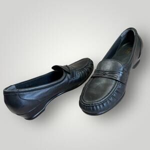 SAS Leather Tripad Loafers Low Wedge Heel Comfort Shoes Slip On Size 9M Black